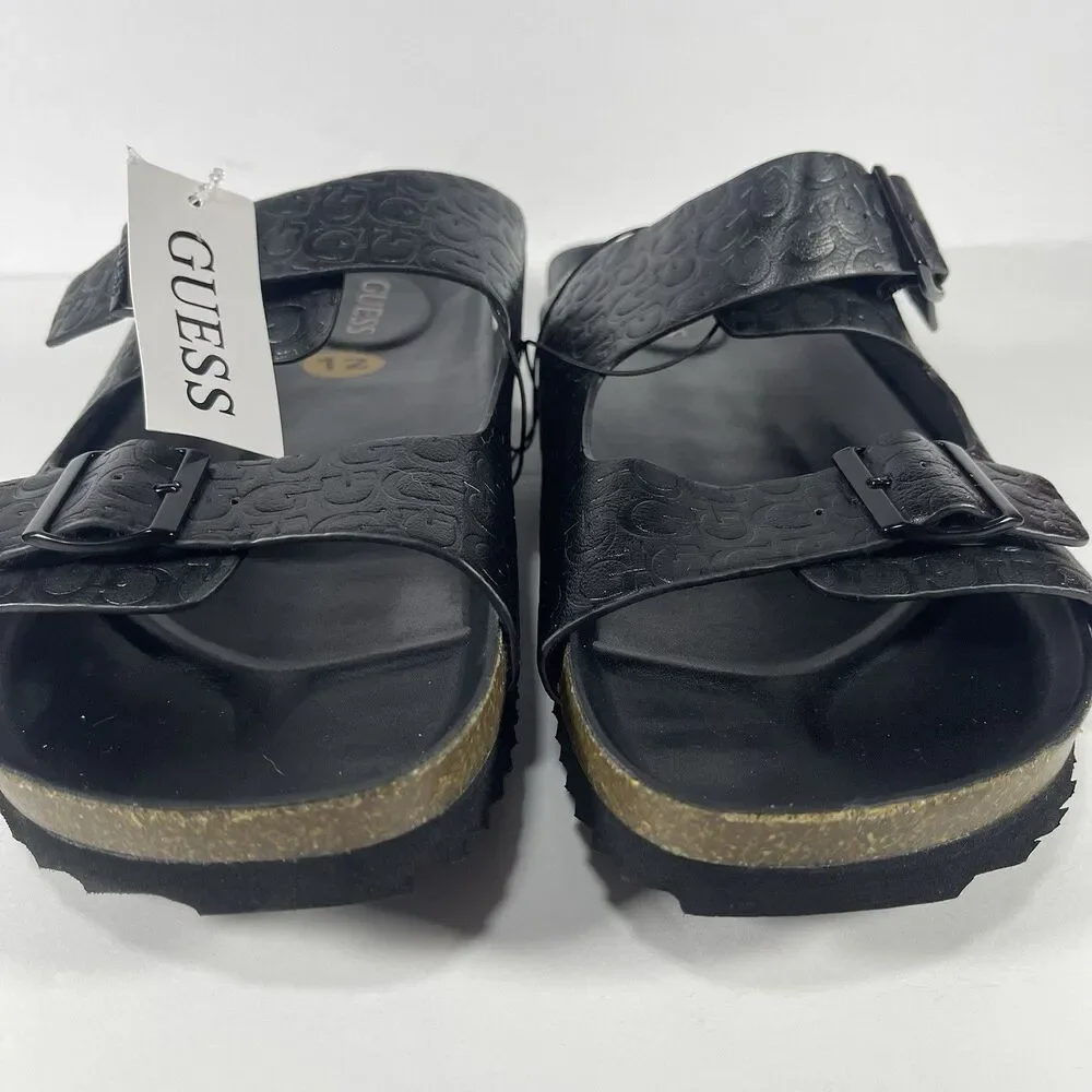 GUESS Men’s Double Strap Slide Sandals Black Logo Embossed Size 12M
